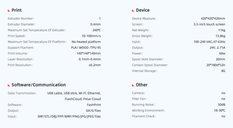 flashforge finder 2.0 specs